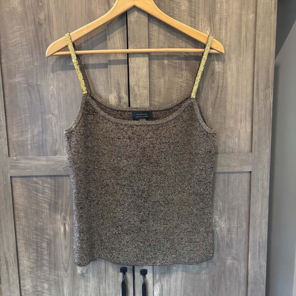NWT Michelle Antonelli Silk Blend Metallic Knit Camisole Gold Straps XL